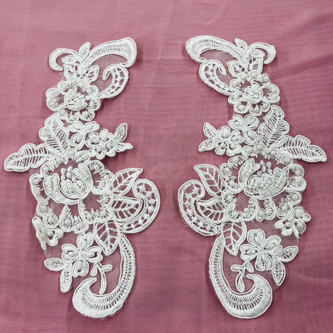 1 Pair 8.5" x 3.5" Each Side Beaded & Corded Floral Lace Applique 100% Polyester Organza